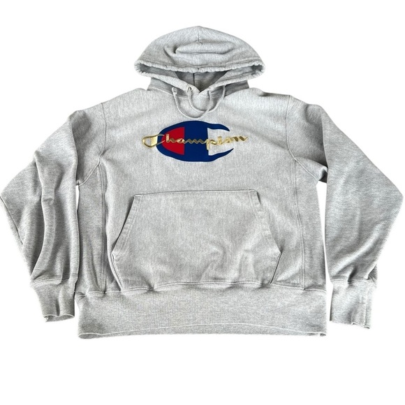 Champion Reverse Weave Big C Spell Out Logo Hoodie Gray Medium Thick Soft - Picture 3 of 11